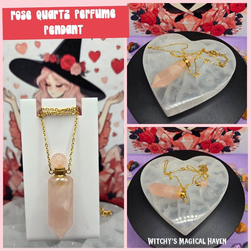 Perfume Bottle Rose Quartz Crystal Point Pendant